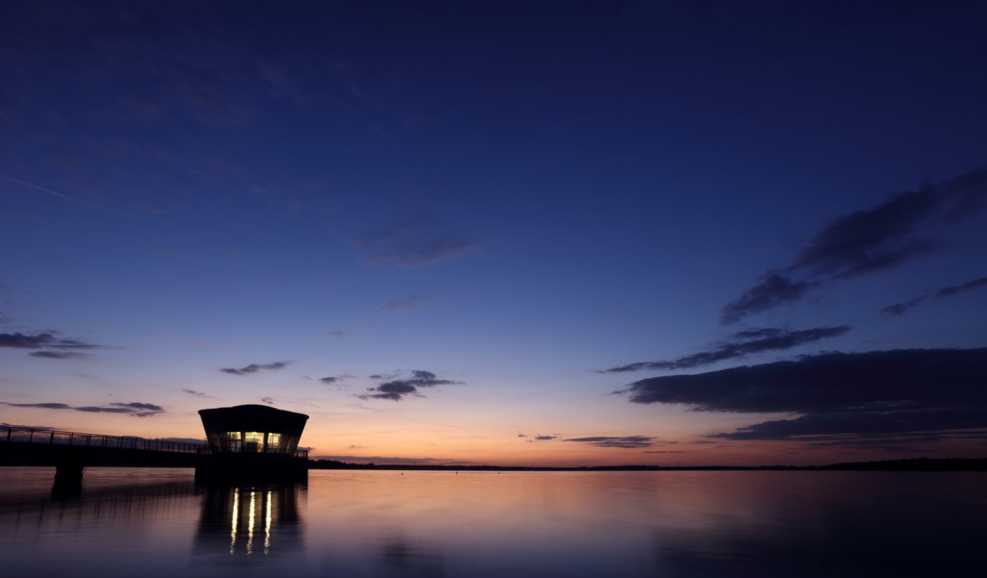 View of Valve Tower at Grafham Water park just after sunset